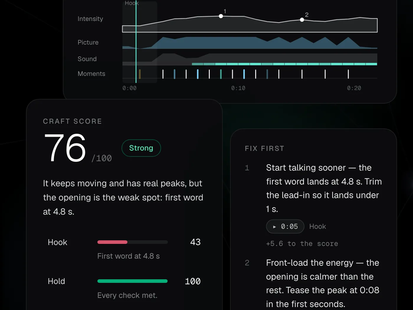NeuroVidz — a Craft Score of 76 with second-by-second signals and timestamped fixes